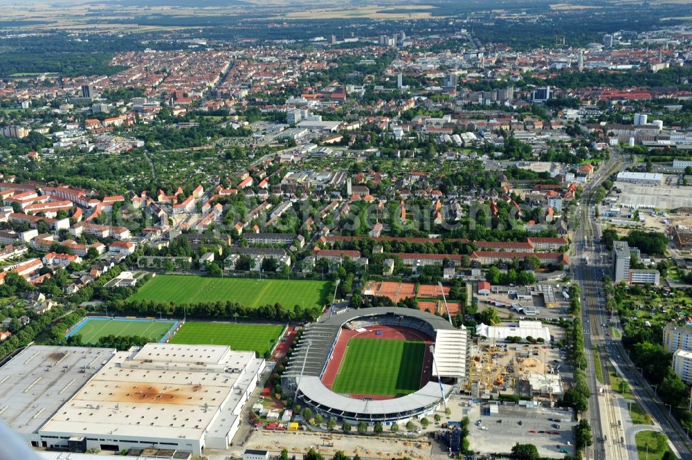 Braunschweig from the bird's eye view: Renovations at Eintracht stadium in Brunswick. The stadium was built in 1923 and has capacity for 25,000 spectators. It is the home stadium of the football club Eintracht Braunschweig