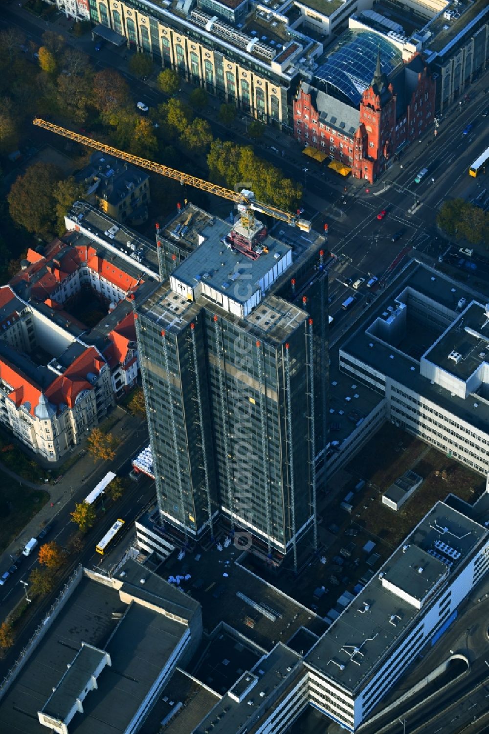 Berlin from above - Highrise building of the Steglitzer Kreisel - UeBERLIN Wohntower complex on Schlossstrasse in the district of Steglitz in Berlin