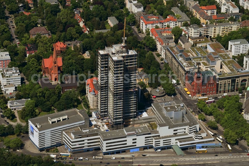 Berlin from above - Highrise building of the Steglitzer Kreisel - UeBERLIN Wohntower complex on Schlossstrasse in the district of Steglitz in Berlin