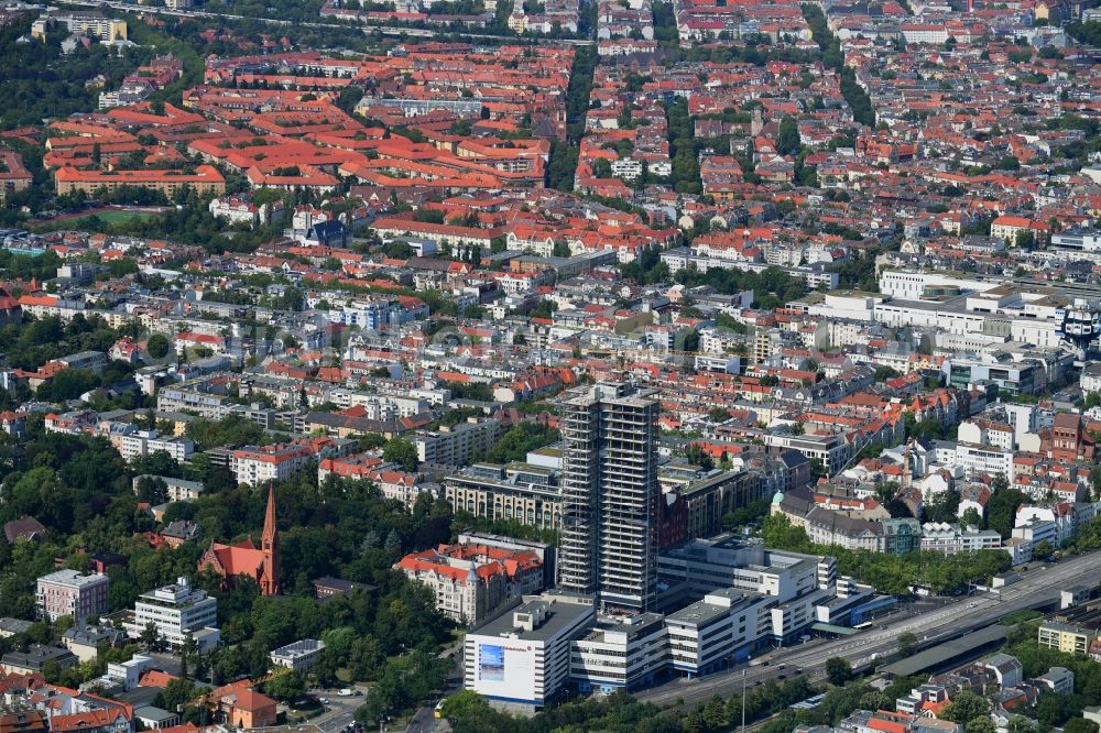 Aerial photograph Berlin - Highrise building of the Steglitzer Kreisel - UeBERLIN Wohntower complex on Schlossstrasse in the district of Steglitz in Berlin