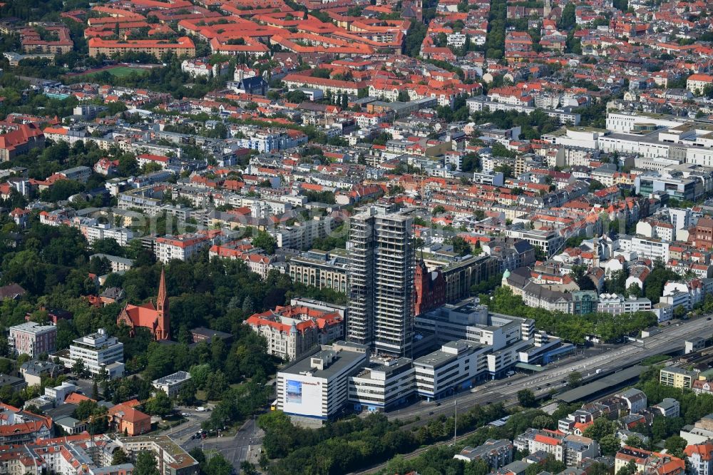 Berlin from the bird's eye view: Highrise building of the Steglitzer Kreisel - UeBERLIN Wohntower complex on Schlossstrasse in the district of Steglitz in Berlin