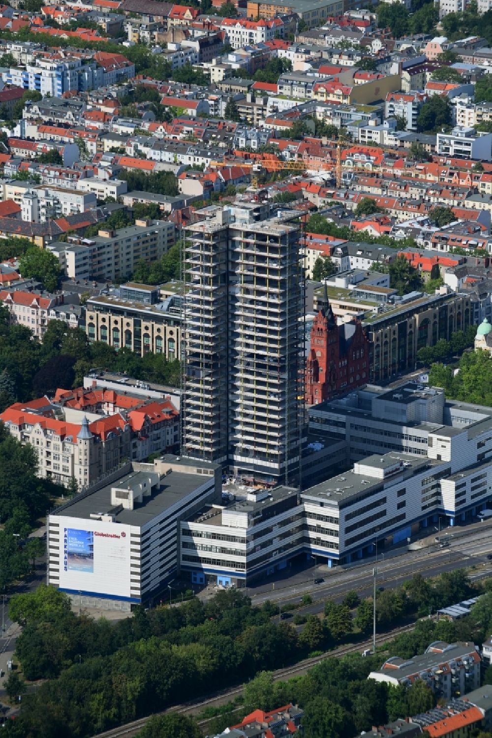 Aerial image Berlin - Highrise building of the Steglitzer Kreisel - UeBERLIN Wohntower complex on Schlossstrasse in the district of Steglitz in Berlin