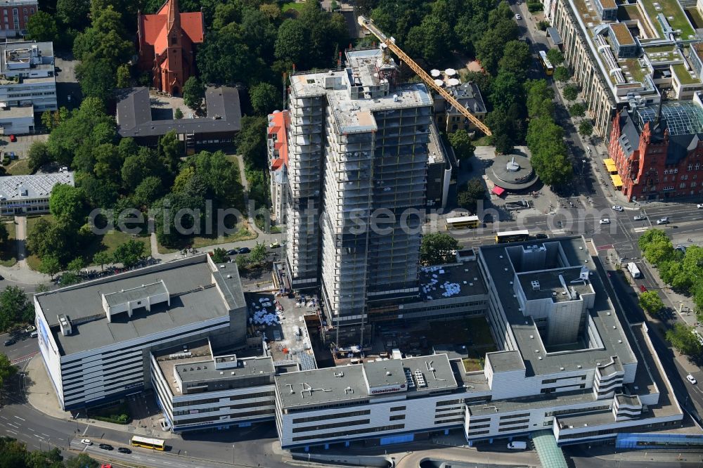 Berlin from above - Highrise building of the Steglitzer Kreisel - UeBERLIN Wohntower complex on Schlossstrasse in the district of Steglitz in Berlin