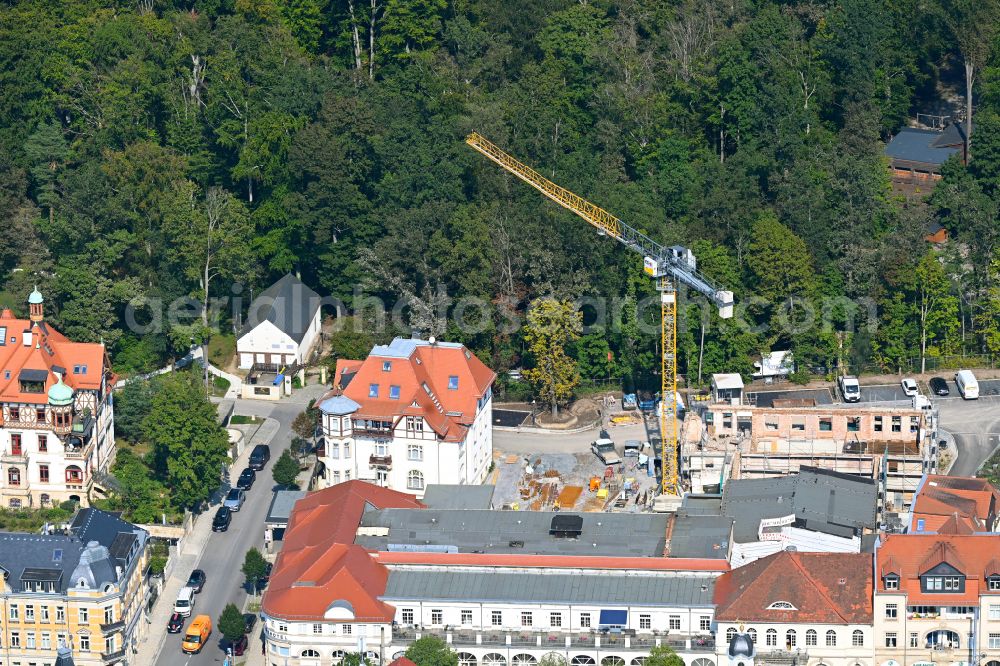 Dresden from the bird's eye view: Reconstruction and revitalization on the extension construction site of the hotel complex to build on underground car park on street Bautzner Landstrasse in the district Weisser Hirsch in Dresden in the state Saxony, Germany