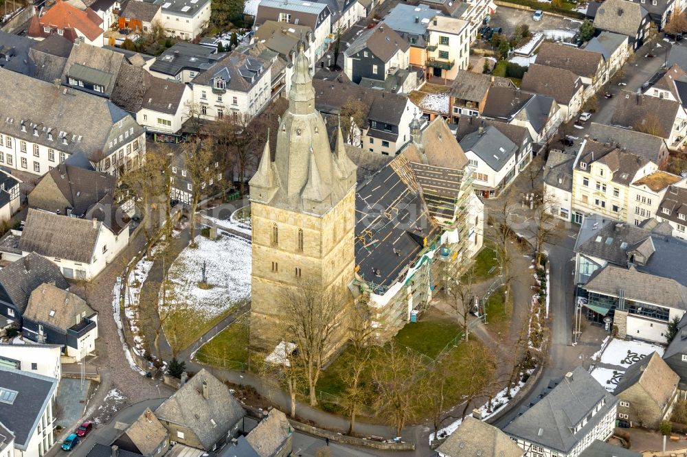 Aerial image Brilon - Construction site for reconstruction and modernization and renovation of a church building of Probsteikirche on Schulstrasse in Brilon in the state North Rhine-Westphalia, Germany