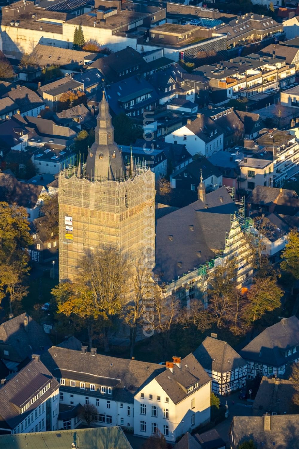 Brilon from above - Construction site for reconstruction and modernization and renovation of a church building of Probsteikirche on Schulstrasse in Brilon in the state North Rhine-Westphalia, Germany