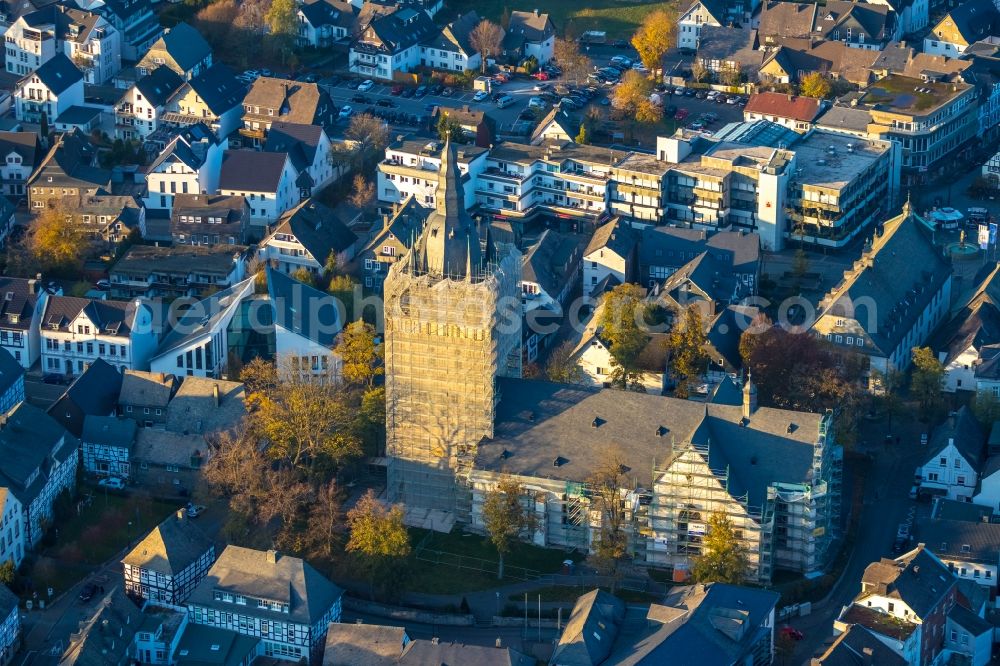 Aerial image Brilon - Construction site for reconstruction and modernization and renovation of a church building of Probsteikirche on Schulstrasse in Brilon in the state North Rhine-Westphalia, Germany