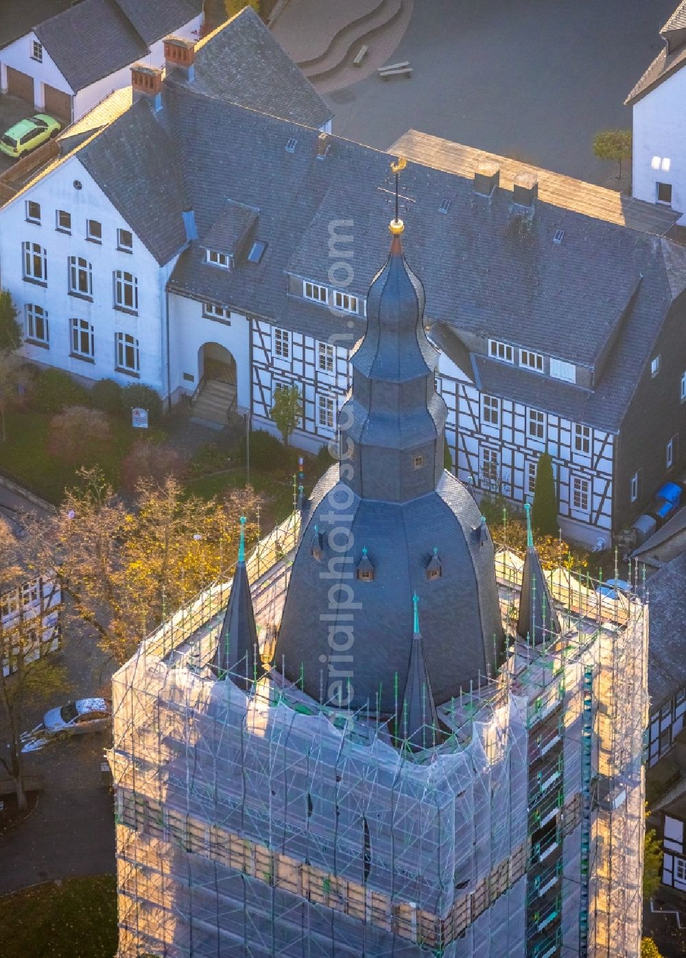 Aerial photograph Brilon - Construction site for reconstruction and modernization and renovation of a church building of Probsteikirche on Schulstrasse in Brilon in the state North Rhine-Westphalia, Germany