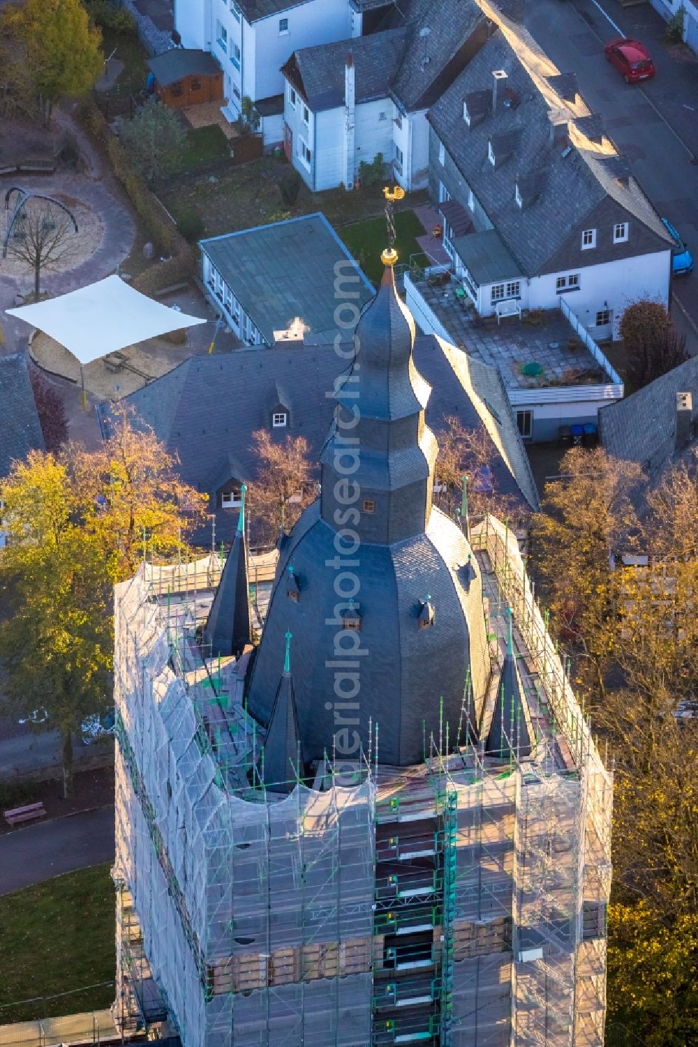 Brilon from above - Construction site for reconstruction and modernization and renovation of a church building of Probsteikirche on Schulstrasse in Brilon in the state North Rhine-Westphalia, Germany