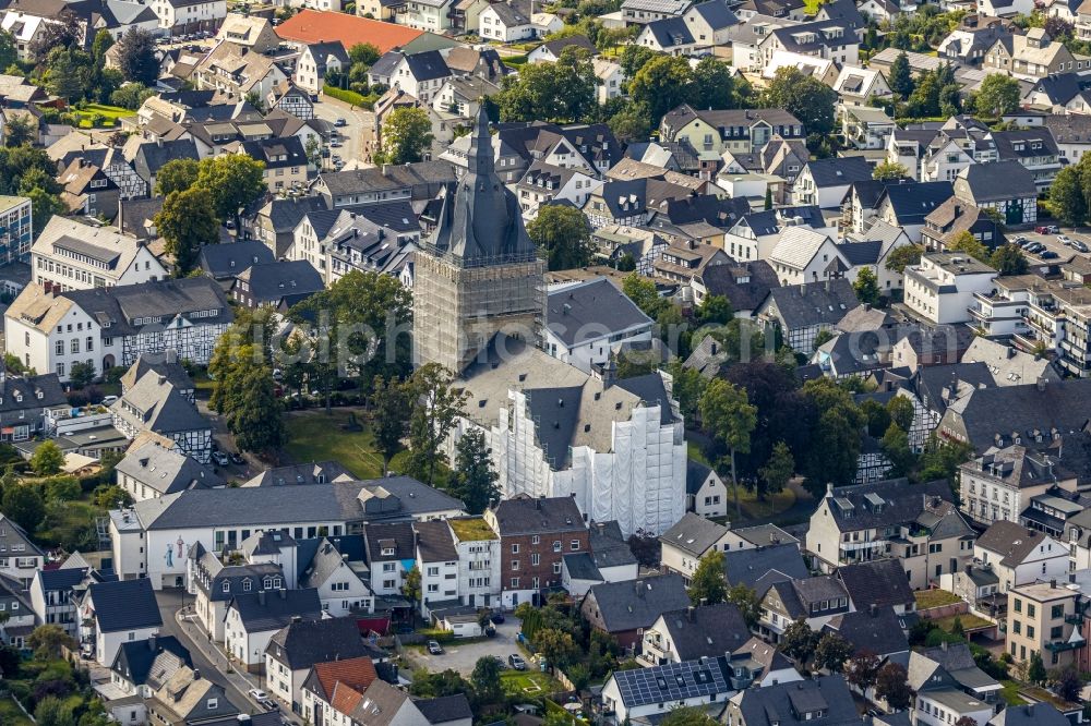 Aerial image Brilon - Construction site for reconstruction and modernization and renovation of a church building of Probsteikirche on Schulstrasse in Brilon in the state North Rhine-Westphalia, Germany