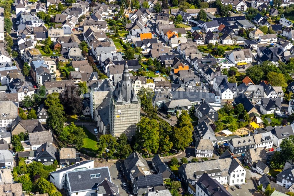 Aerial image Brilon - Construction site for reconstruction and modernization and renovation of a church building of Probsteikirche on Schulstrasse in Brilon in the state North Rhine-Westphalia, Germany