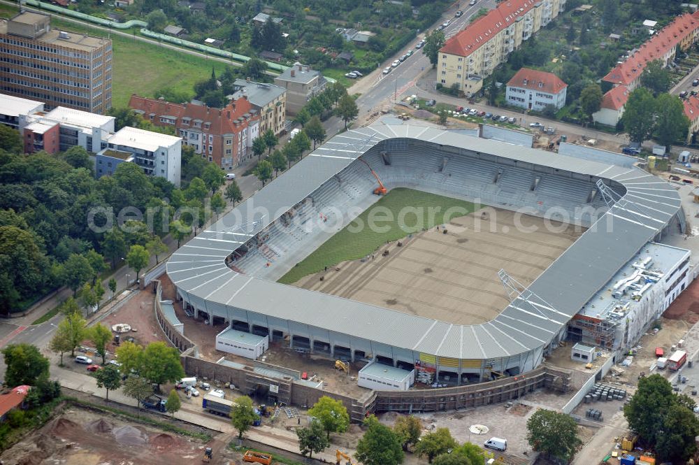 Halle / Saale from above - Umbau des Kurt-Wabbel-Stadions in den neuen Erdgas Sportpark in Halle. Das Stadion erhält erweiterte und umgebaute Ränge. Reconstruction of the football stadium Halle.