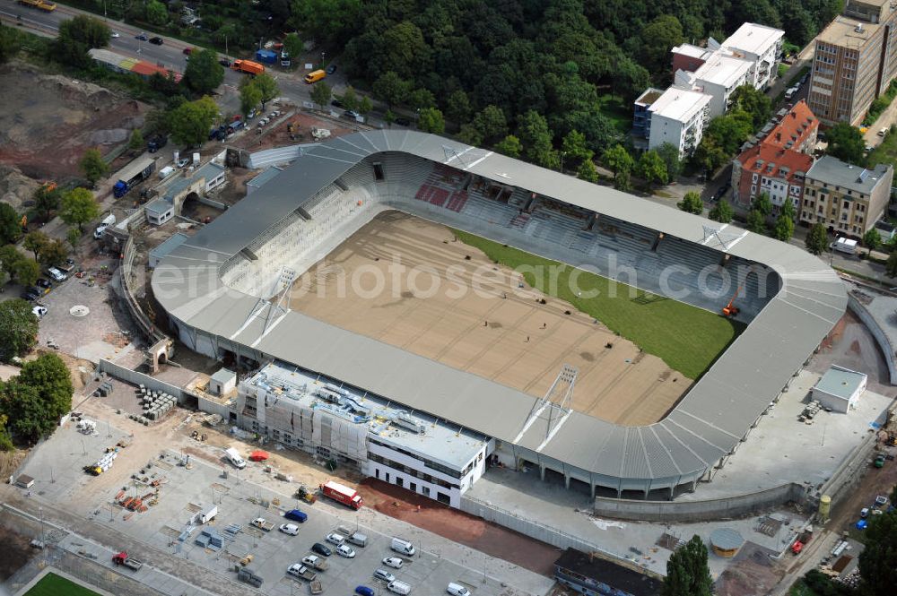 Aerial image Halle / Saale - Umbau des Kurt-Wabbel-Stadions in den neuen Erdgas Sportpark in Halle. Das Stadion erhält erweiterte und umgebaute Ränge. Reconstruction of the football stadium Halle.