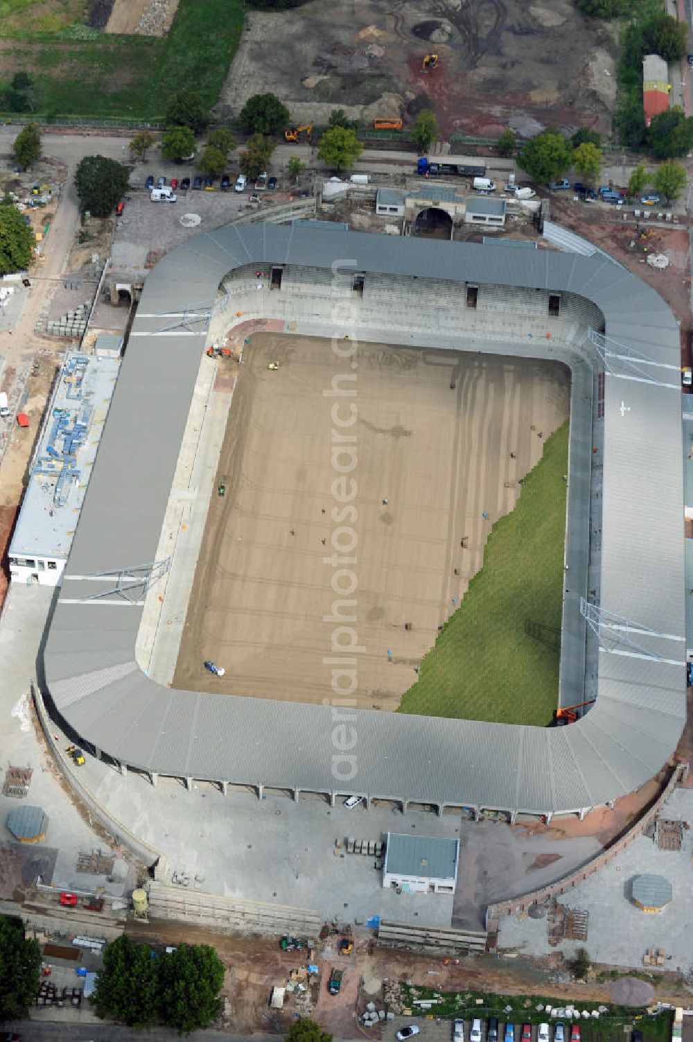 Halle / Saale from above - Umbau des Kurt-Wabbel-Stadions in den neuen Erdgas Sportpark in Halle. Das Stadion erhält erweiterte und umgebaute Ränge. Reconstruction of the football stadium Halle.