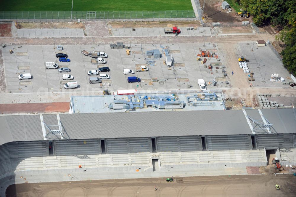 Aerial image Halle / Saale - Umbau des Kurt-Wabbel-Stadions in den neuen Erdgas Sportpark in Halle. Das Stadion erhält erweiterte und umgebaute Ränge. Reconstruction of the football stadium Halle.