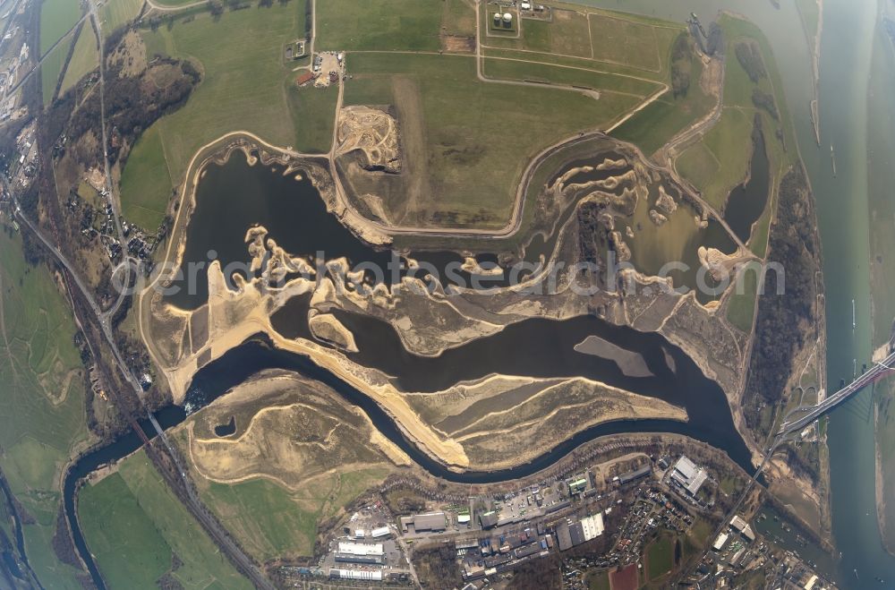 Aerial photograph Wesel - Fish-eye - Reconstruction of lip mouth at the Rhine near Wesel and restoration of riparian areas and near Wesel in North Rhine-Westphalia