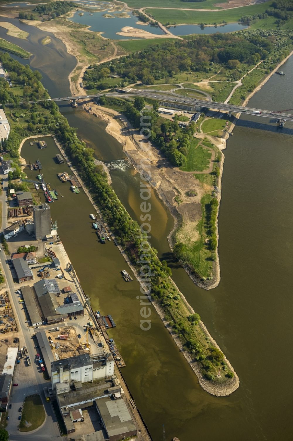 Wesel from above - Reconstruction of lip mouth at the Rhine near Wesel and restoration of riparian areas and near Wesel in North Rhine-Westphalia