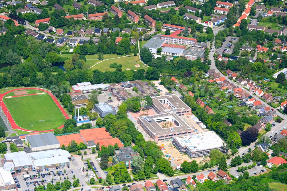 Aerial image Oldenburg in Holstein - Construction sites for the reconstruction, expansion and modernization of the school building and campus Freiherr-vom-Stein-Gymnasium and the Wagrienschule on Adolf-Friedrich-Strasse in Oldenburg in Holstein in the federal state of Schleswig-Holstein, Germany