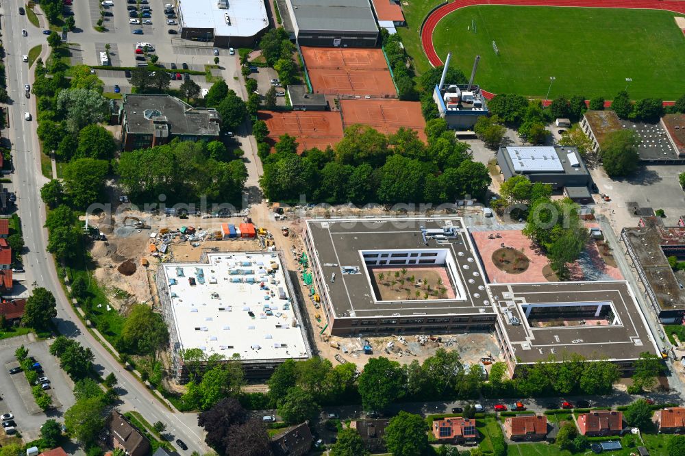 Oldenburg in Holstein from the bird's eye view: Construction sites for the reconstruction, expansion and modernization of the school building and campus Freiherr-vom-Stein-Gymnasium and the Wagrienschule on Adolf-Friedrich-Strasse in Oldenburg in Holstein in the federal state of Schleswig-Holstein, Germany