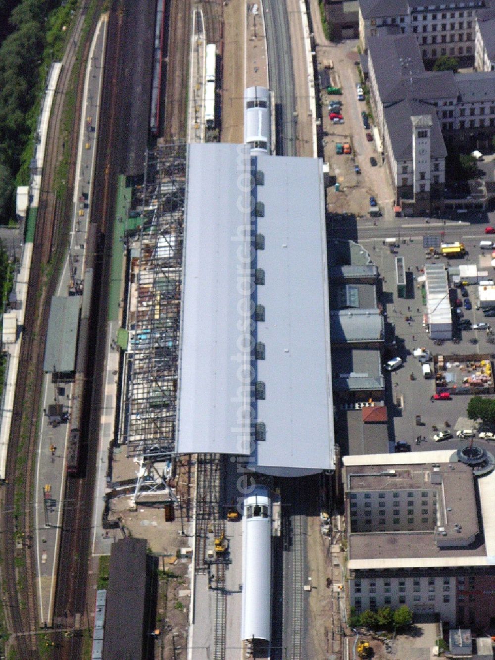 Aerial photograph Erfurt - Construction site of track progress and building of the main station of the railway in Erfurt in the state Thuringia, Germany