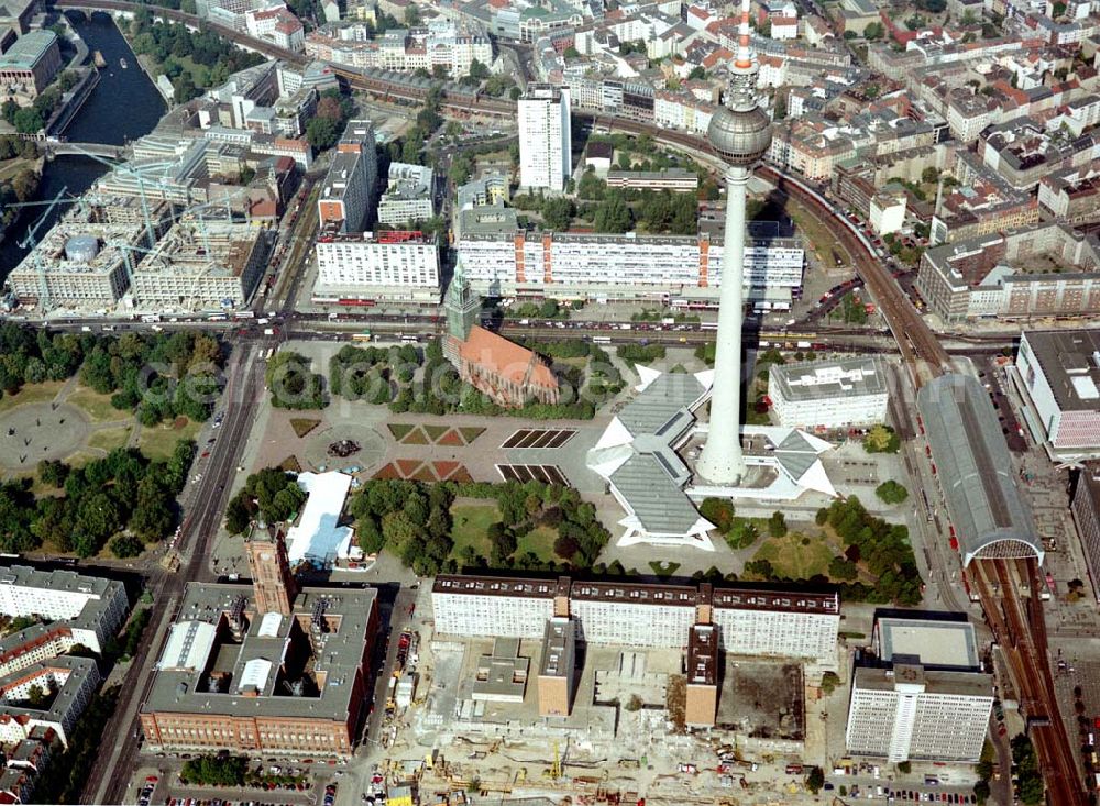 Aerial image Berlin - Umbau der Rathauspassagen am Fuße des Berliner Fernsehturmes in Berlin - Mitte Ansprechpartner: WBMI Real Estate AG Berlin Friedrichstraße 95 10117 Berlin Telefon: (030) 2471 3114 Telefax: (030) 2471 3115 Email: susanne.schmidt@wbmi.de Achim Walder: