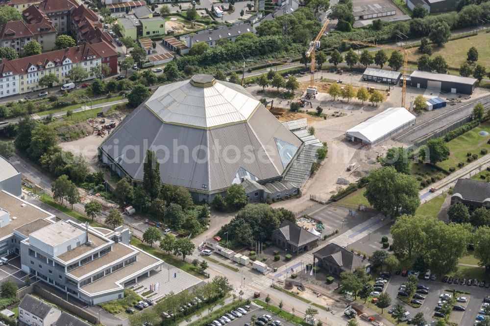 Aerial image Oberhausen - Conversion construction site for the modernization and refurbishment of the Gartendom on Vestischen Strasse in Oberhausen in the Ruhr area in the state North Rhine-Westphalia, Germany