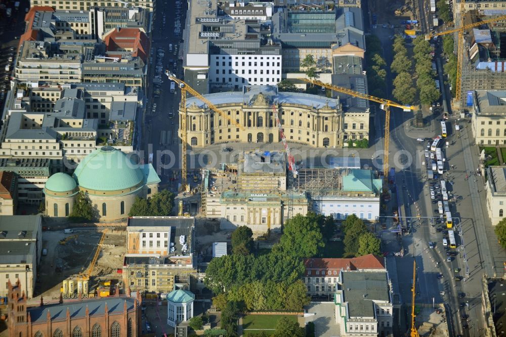 Aerial image Berlin - View of the reconstruction and renovation of the building of the Staatsoper Unter den Linden in Berlin at Bebelplatz. It is the oldest opera house and theater building in Berlin. According to the architect HG Merz is a reconstruction of the historical building complex