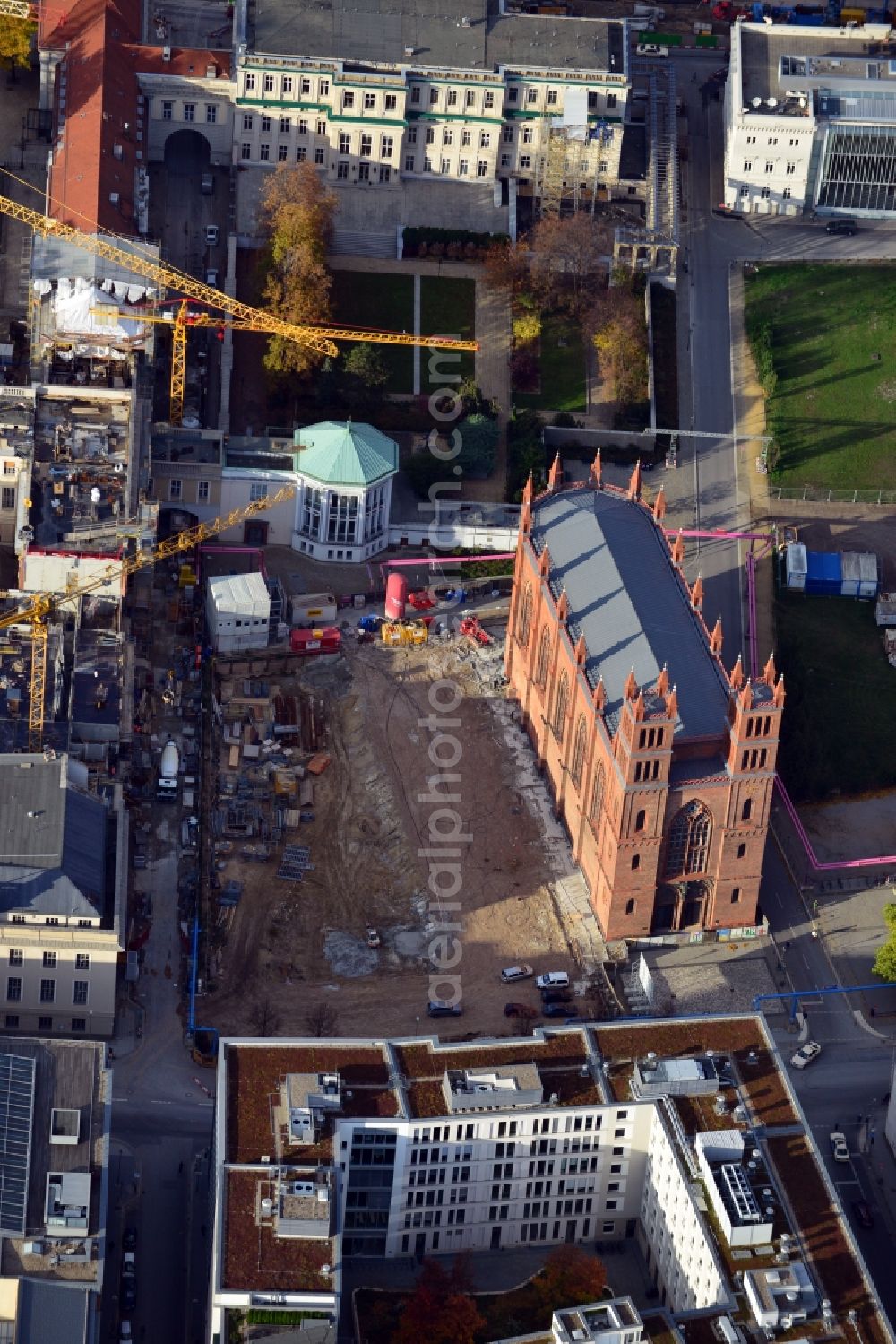 Aerial image Berlin - View of the reconstruction and renovation of the building of the Staatsoper Unter den Linden in Berlin at Bebelplatz. It is the oldest opera house and theater building in Berlin. A new building will serve as stacks and warehouse for the Staatsoper Komplex. The architect HG Merz is a overseeing the reconstruction of the historical building complex