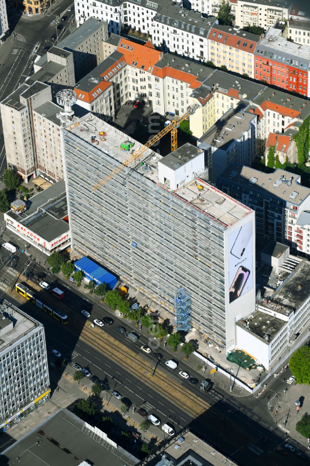 Aerial photograph Berlin - Reconstruction and new construction of high-rise building Pressehaus on Alexanderplatz, dem ehemaligen Berliner Verlagshaus in the district Mitte in Berlin, Germany