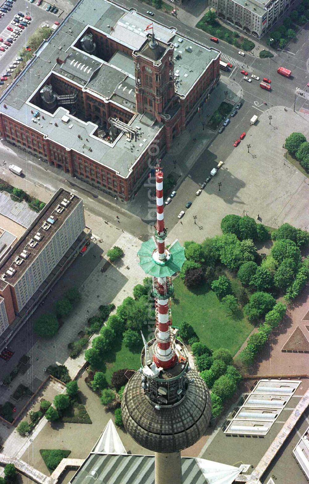 Aerial photograph Berlin - Umbau des Sendemastes am Berliner Fernsehturm am Alexanderplatz