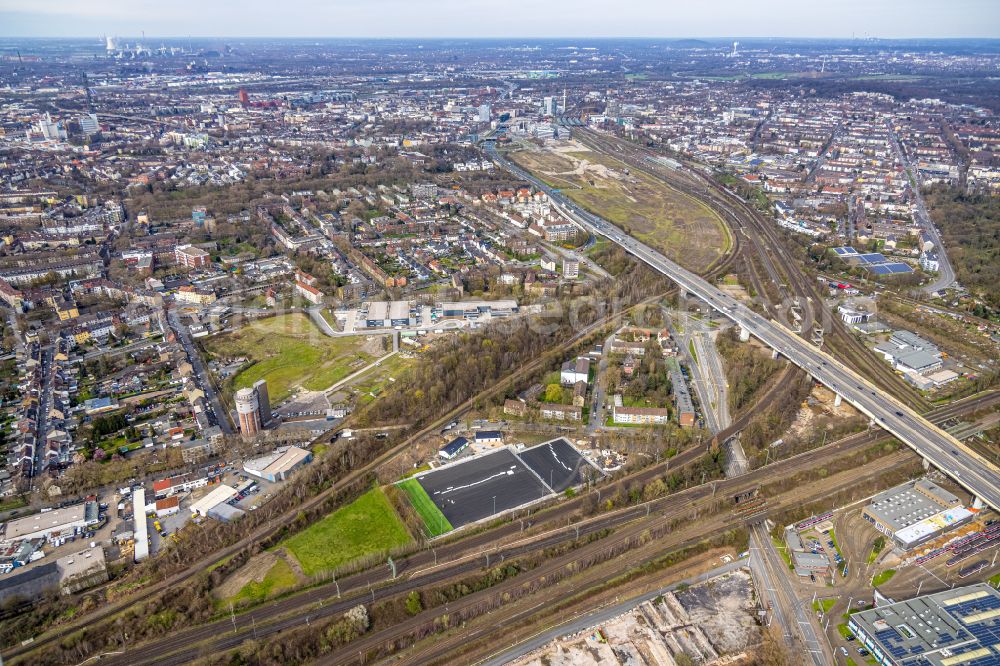 Duisburg from above - Conversion of the sports facility on Paul-Esch-Strasse in the district of Hochfeld in Duisburg in the Ruhr area in the state of North Rhine-Westphalia, Germany