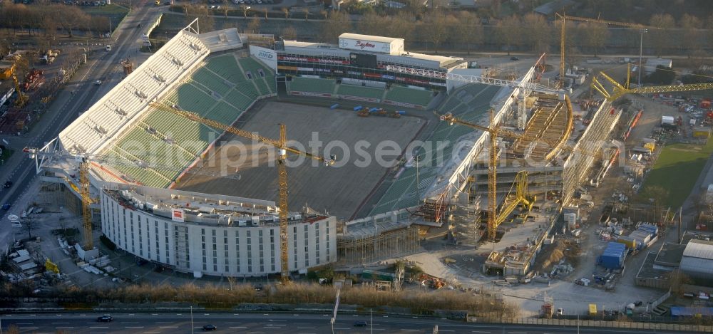 Aerial photograph Leverkusen - Construction sites Sports facility grounds of the Arena stadium BayArena of Fussballvereins Bayer 04 Leverkusen in the district Wiesdorf in Leverkusen in the state North Rhine-Westphalia, Germany