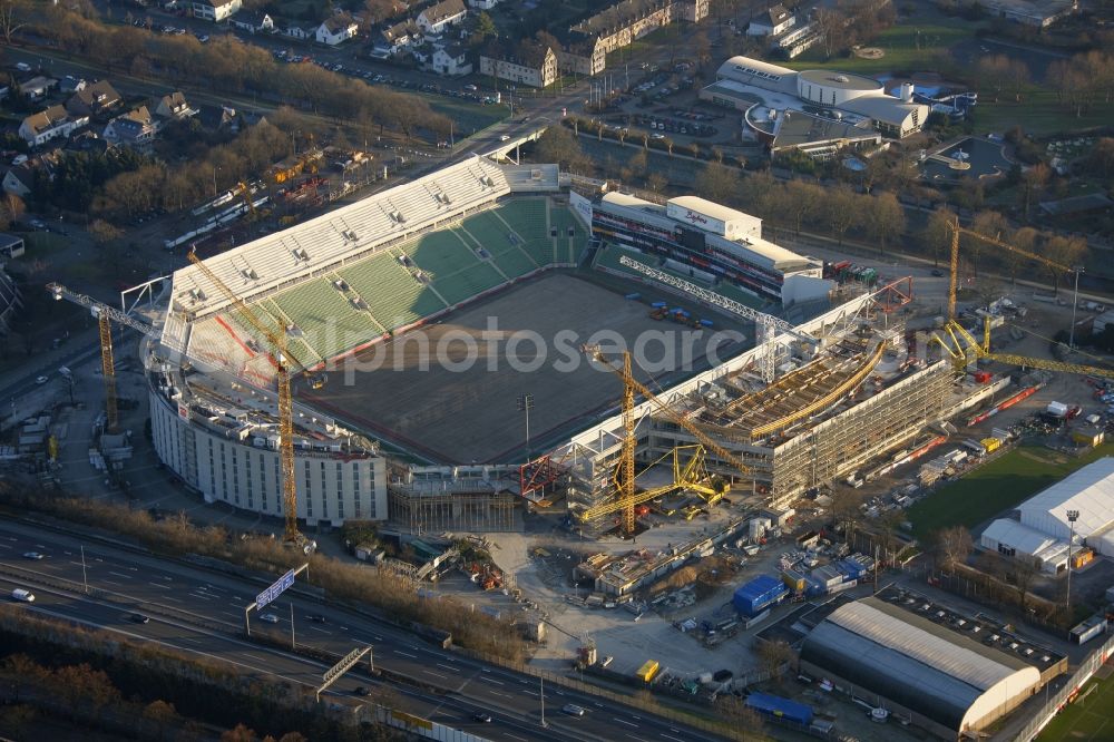 Leverkusen from above - Construction sites Sports facility grounds of the Arena stadium BayArena of Fussballvereins Bayer 04 Leverkusen in the district Wiesdorf in Leverkusen in the state North Rhine-Westphalia, Germany