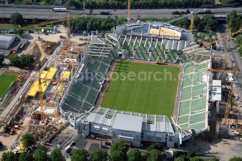 Leverkusen from above - Construction sites Sports facility grounds of the Arena stadium BayArena of Fussballvereins Bayer 04 Leverkusen in the district Wiesdorf in Leverkusen in the state North Rhine-Westphalia, Germany