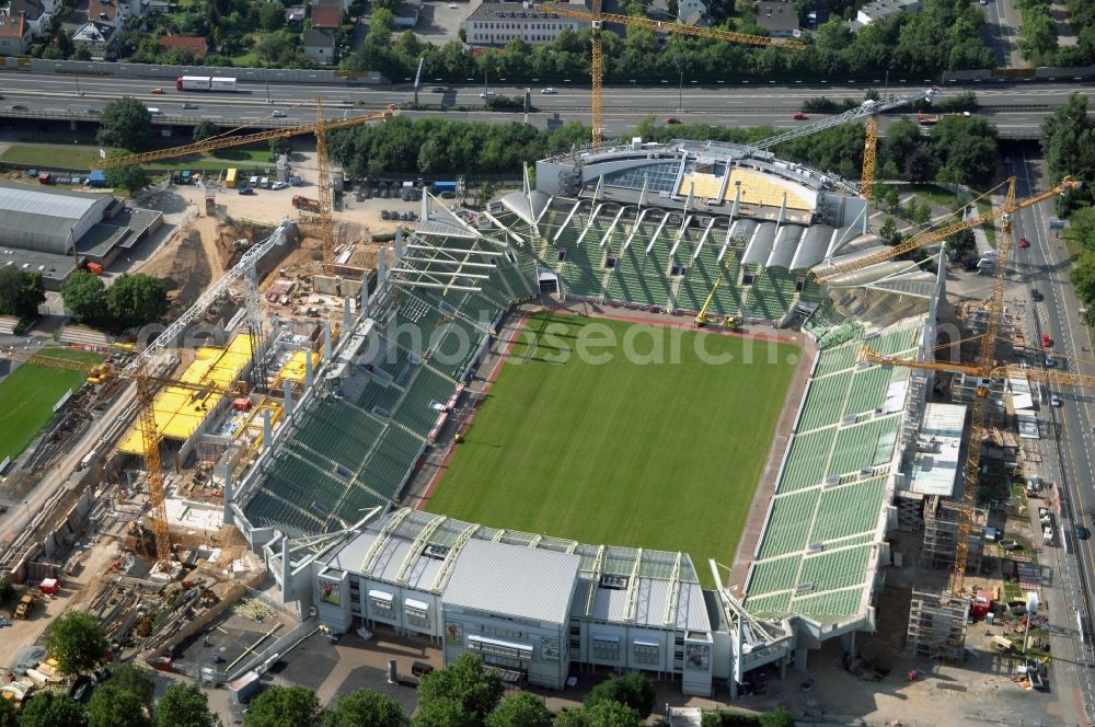 Leverkusen from the bird's eye view: Construction sites Sports facility grounds of the Arena stadium BayArena of Fussballvereins Bayer 04 Leverkusen in the district Wiesdorf in Leverkusen in the state North Rhine-Westphalia, Germany