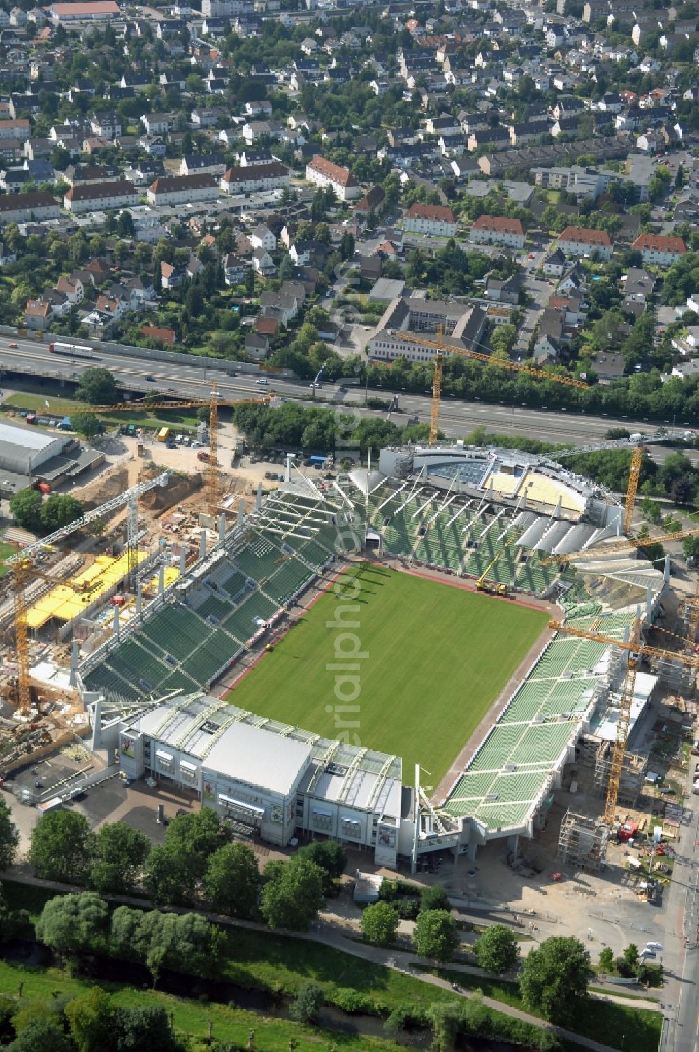 Aerial image Leverkusen - Construction sites Sports facility grounds of the Arena stadium BayArena of Fussballvereins Bayer 04 Leverkusen in the district Wiesdorf in Leverkusen in the state North Rhine-Westphalia, Germany