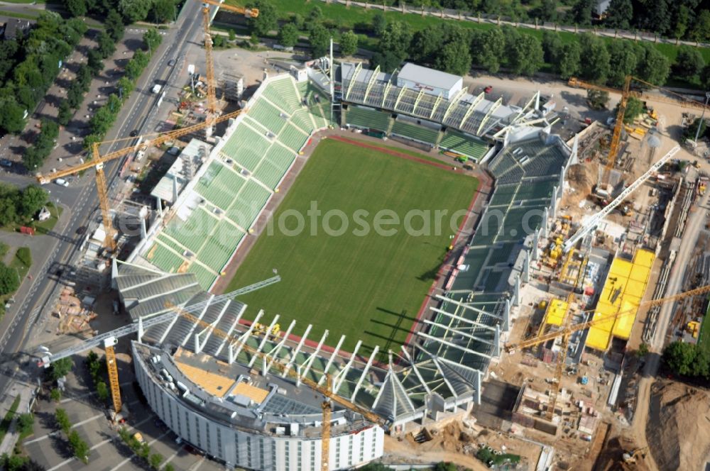 Aerial image Leverkusen - Construction sites Sports facility grounds of the Arena stadium BayArena of Fussballvereins Bayer 04 Leverkusen in the district Wiesdorf in Leverkusen in the state North Rhine-Westphalia, Germany