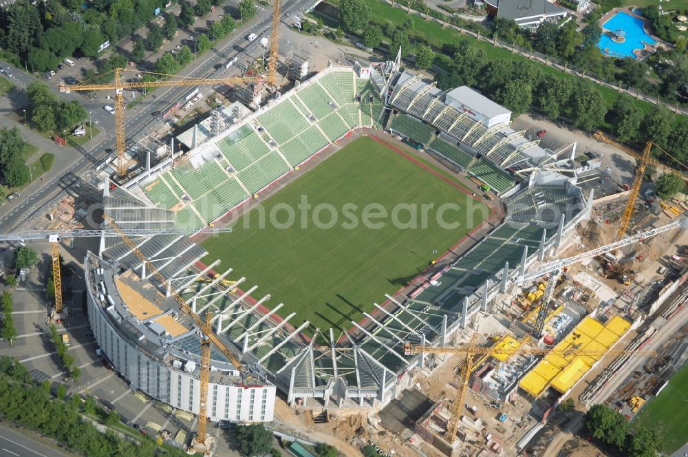 Leverkusen from above - Construction sites Sports facility grounds of the Arena stadium BayArena of Fussballvereins Bayer 04 Leverkusen in the district Wiesdorf in Leverkusen in the state North Rhine-Westphalia, Germany