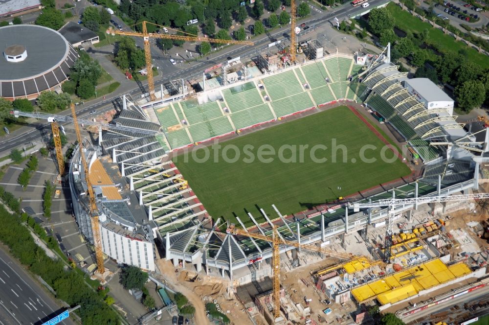 Leverkusen from the bird's eye view: Construction sites Sports facility grounds of the Arena stadium BayArena of Fussballvereins Bayer 04 Leverkusen in the district Wiesdorf in Leverkusen in the state North Rhine-Westphalia, Germany