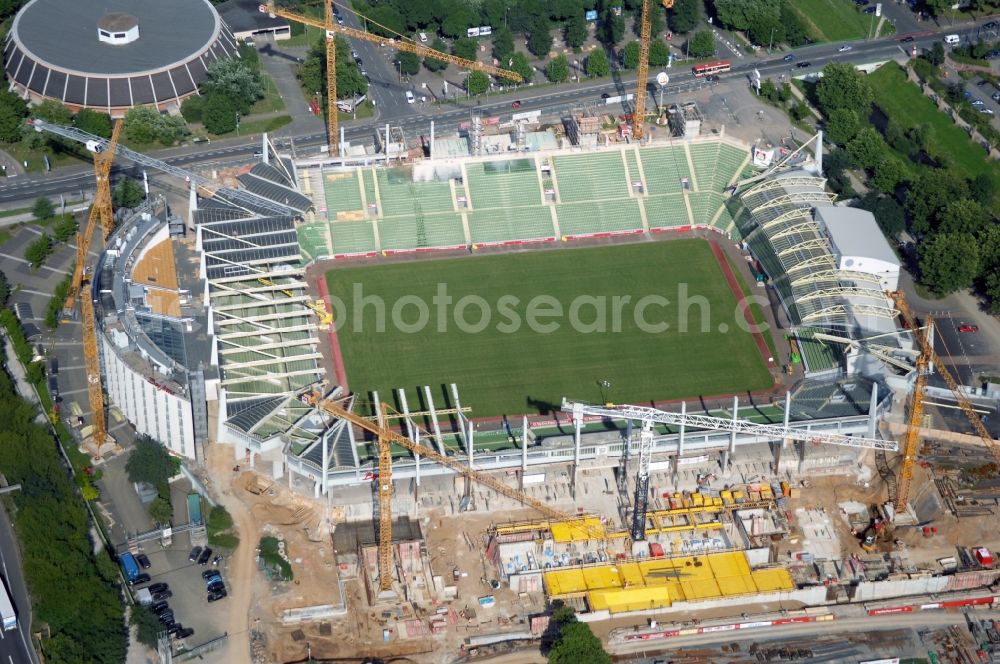 Aerial image Leverkusen - Construction sites Sports facility grounds of the Arena stadium BayArena of Fussballvereins Bayer 04 Leverkusen in the district Wiesdorf in Leverkusen in the state North Rhine-Westphalia, Germany