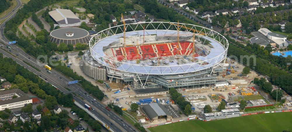 Aerial photograph Leverkusen - Construction sites Sports facility grounds of the Arena stadium BayArena of Fussballvereins Bayer 04 Leverkusen in the district Wiesdorf in Leverkusen in the state North Rhine-Westphalia, Germany