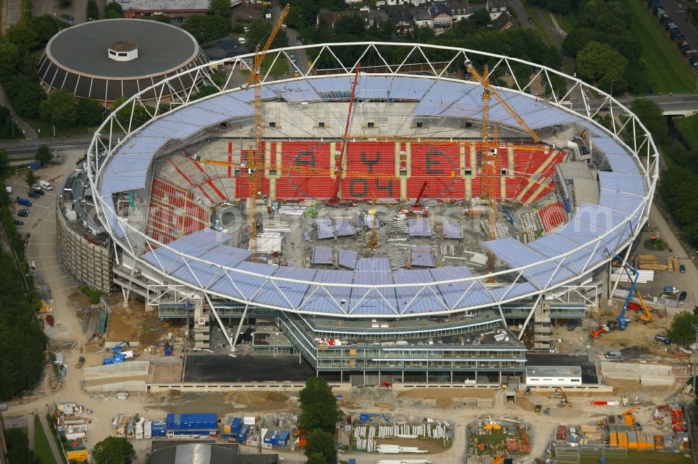 Leverkusen from the bird's eye view: Construction sites Sports facility grounds of the Arena stadium BayArena of Fussballvereins Bayer 04 Leverkusen in the district Wiesdorf in Leverkusen in the state North Rhine-Westphalia, Germany