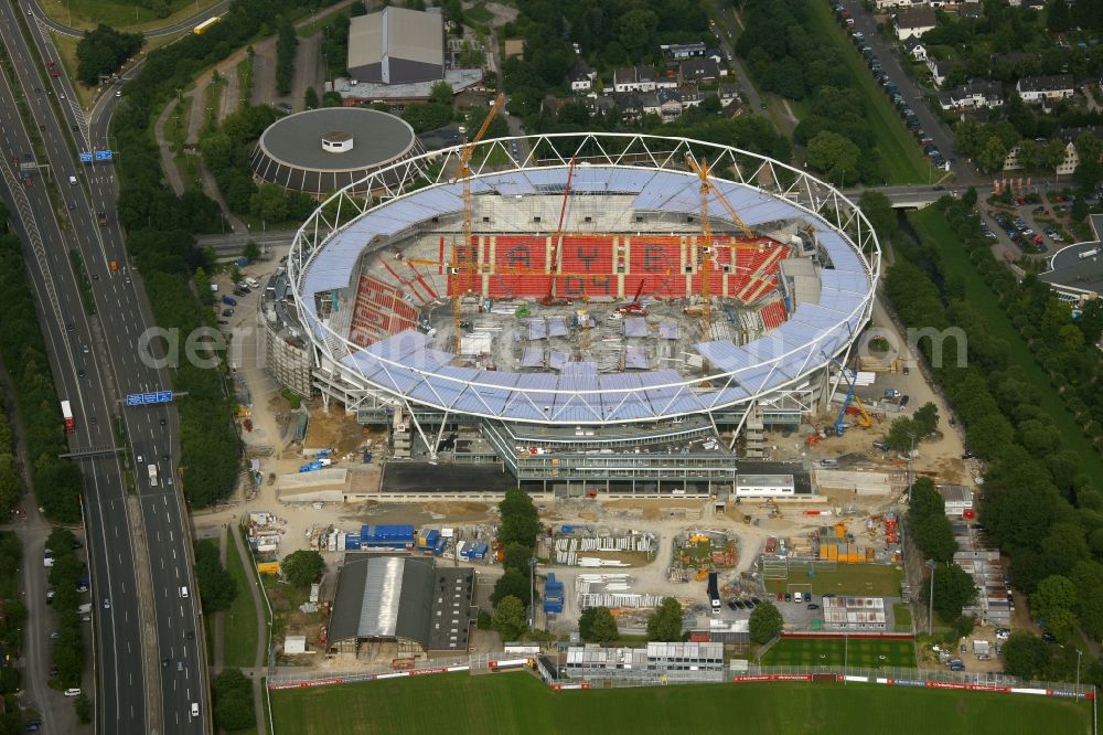 Aerial image Leverkusen - Construction sites Sports facility grounds of the Arena stadium BayArena of Fussballvereins Bayer 04 Leverkusen in the district Wiesdorf in Leverkusen in the state North Rhine-Westphalia, Germany