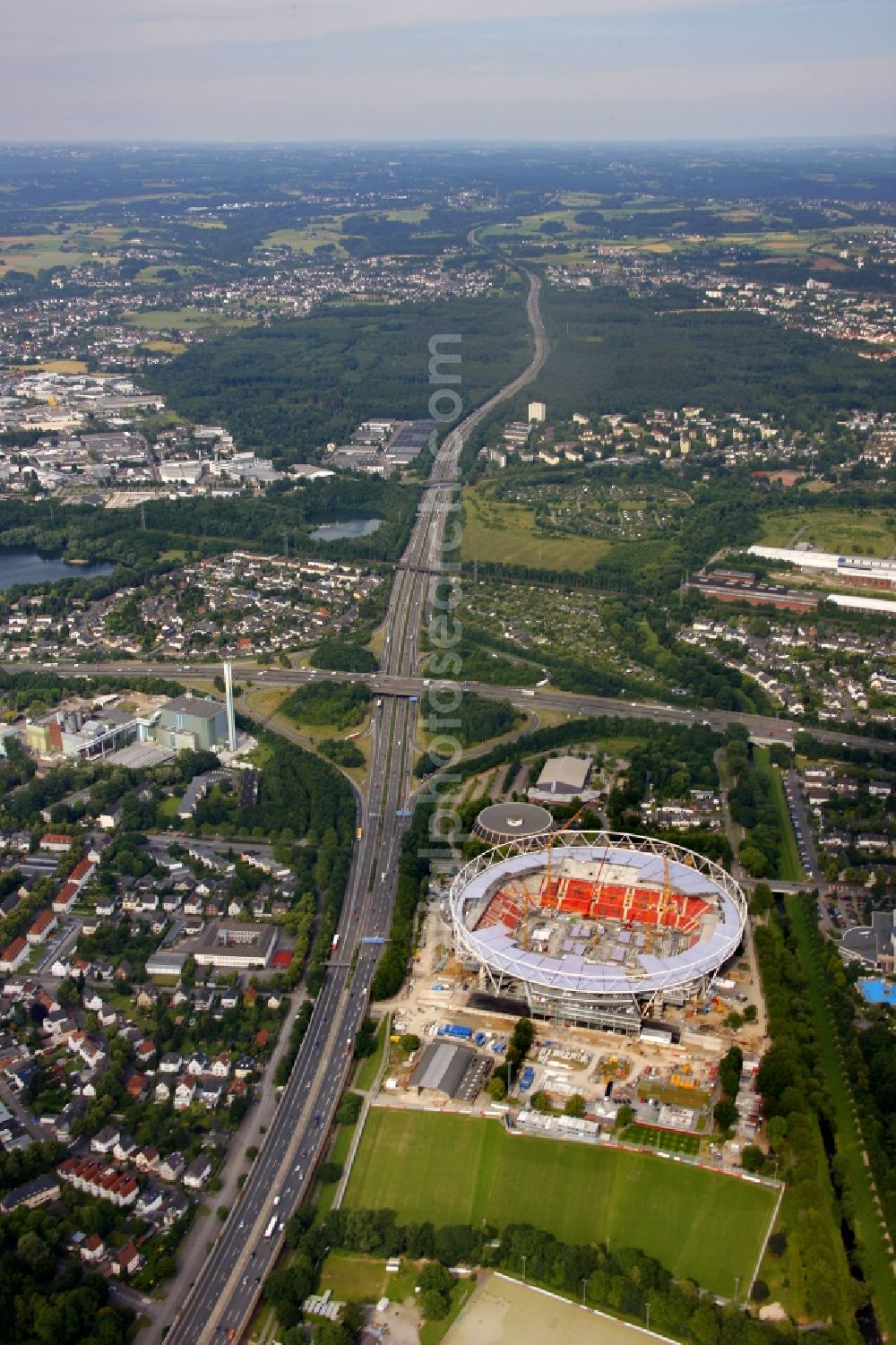 Aerial photograph Leverkusen - Construction sites Sports facility grounds of the Arena stadium BayArena of Fussballvereins Bayer 04 Leverkusen in the district Wiesdorf in Leverkusen in the state North Rhine-Westphalia, Germany