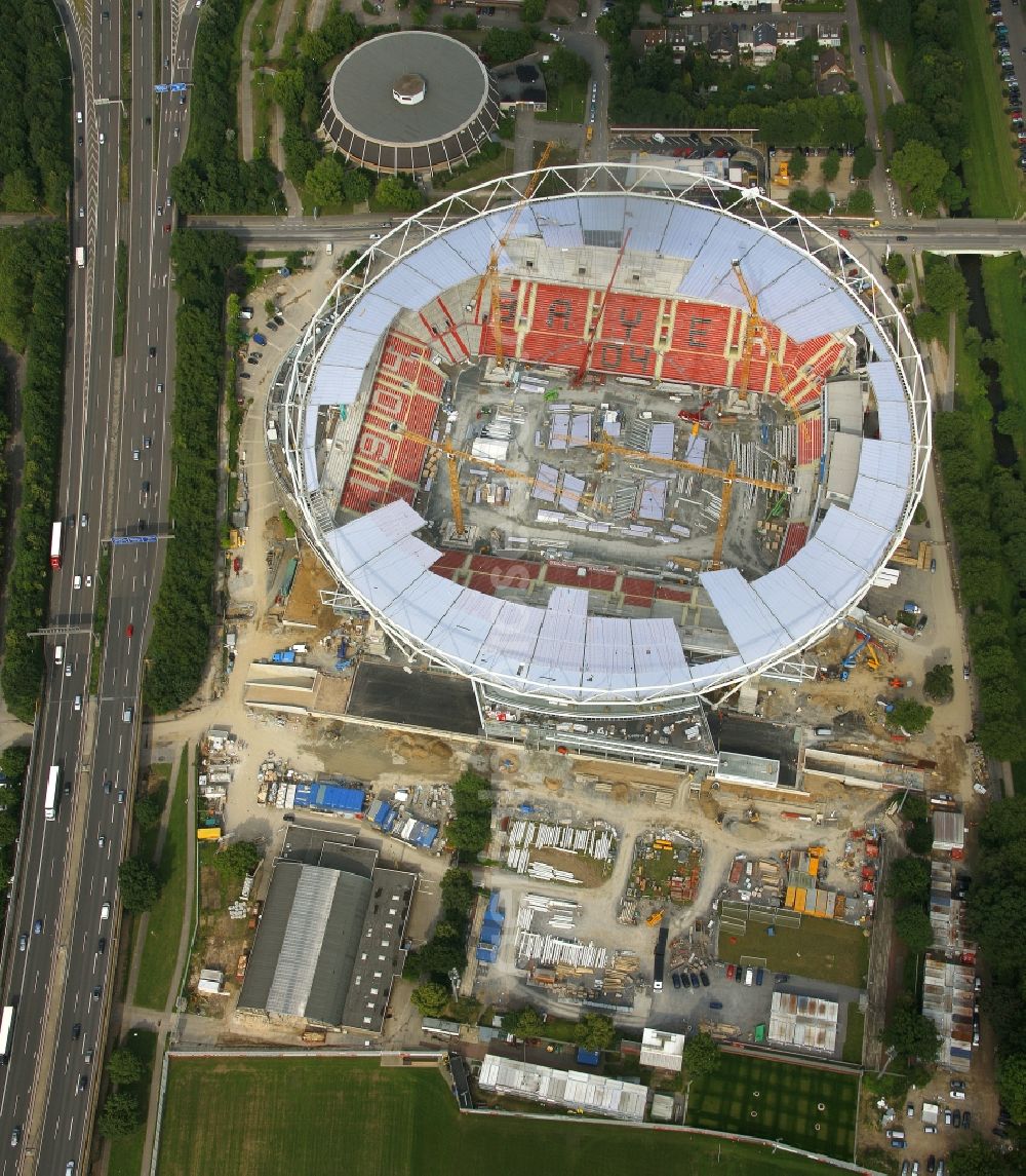 Leverkusen from above - Construction sites Sports facility grounds of the Arena stadium BayArena of Fussballvereins Bayer 04 Leverkusen in the district Wiesdorf in Leverkusen in the state North Rhine-Westphalia, Germany