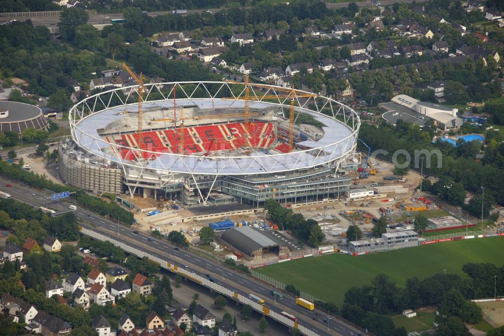 Leverkusen from the bird's eye view: Construction sites Sports facility grounds of the Arena stadium BayArena of Fussballvereins Bayer 04 Leverkusen in the district Wiesdorf in Leverkusen in the state North Rhine-Westphalia, Germany