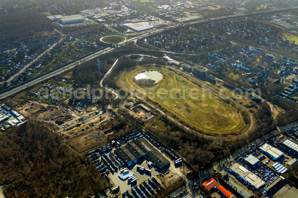 Aerial image Recklinghausen - Development, demolition and renovation work on the site of the former racing track - harness racing track as part of the integrated district development concept (ISEK) Hillerheide in Recklinghausen at Ruhrgebiet in the state of North Rhine-Westphalia, Germany