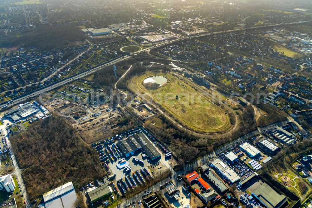 Aerial photograph Recklinghausen - Development, demolition and renovation work on the site of the former racing track - harness racing track as part of the integrated district development concept (ISEK) Hillerheide in Recklinghausen at Ruhrgebiet in the state of North Rhine-Westphalia, Germany