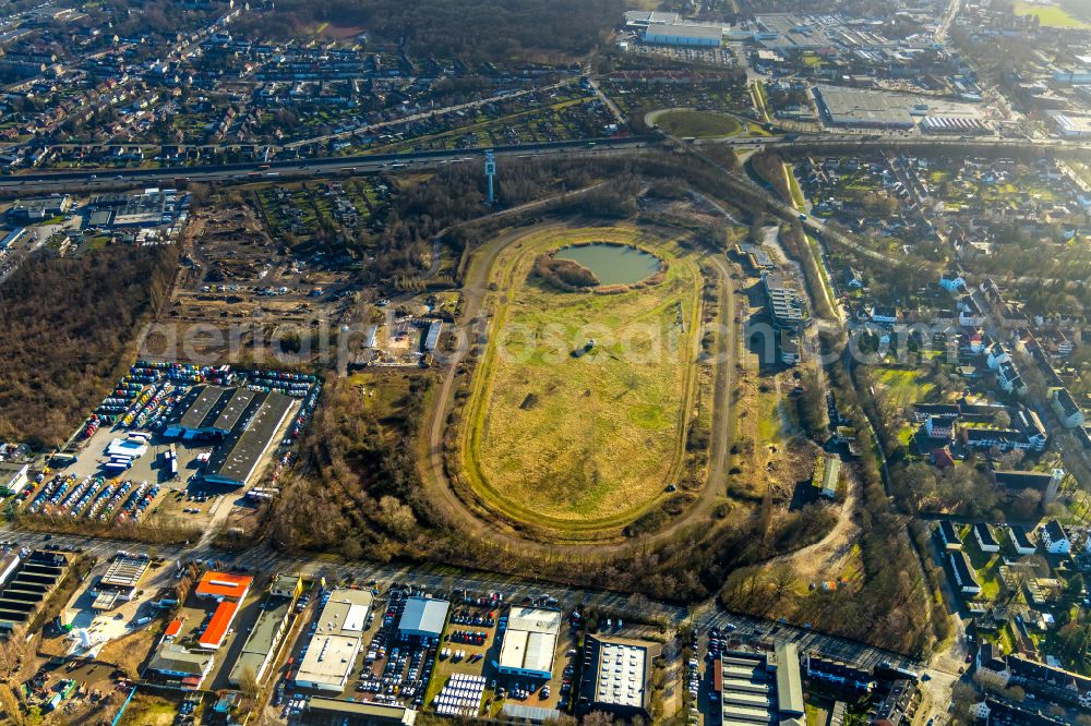 Recklinghausen from above - Development, demolition and renovation work on the site of the former racing track - harness racing track as part of the integrated district development concept (ISEK) Hillerheide in Recklinghausen at Ruhrgebiet in the state of North Rhine-Westphalia, Germany