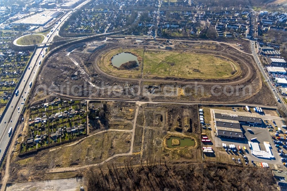 Aerial photograph Recklinghausen - Development, demolition and renovation work on the site of the former racing track - harness racing track as part of the integrated district development concept (ISEK) Hillerheide in Recklinghausen at Ruhrgebiet in the state of North Rhine-Westphalia, Germany